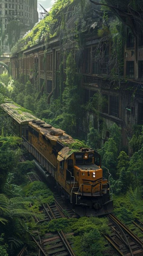 Apocalypse Landscape, Dystopian Art, Abandoned City, Apocalypse World, Apocalypse Aesthetic, Post Apocalyptic Art, Apocalypse Art, Abandoned Train, Landscape Concept