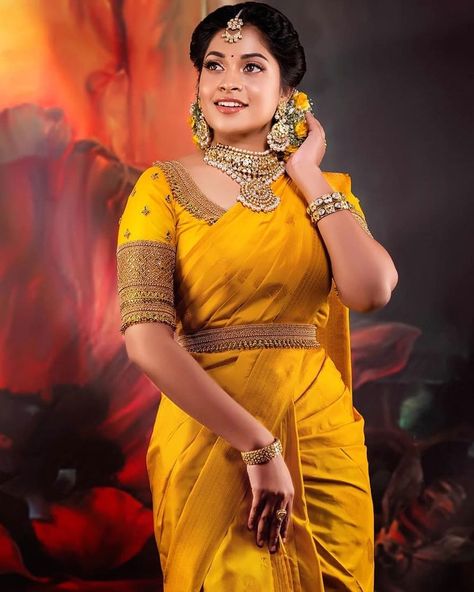 Jashnavi Venkat yellow bridal silk saree - South Indian Actress Yellow Blouse Designs, South Indian Wedding Saree, South Indian Bride Saree, Silk Saree Blouse Designs Patterns, Saree Ideas, Bridal Sarees South Indian, Indian Bridal Sarees, South Indian Sarees, Silk Saree Blouse Designs