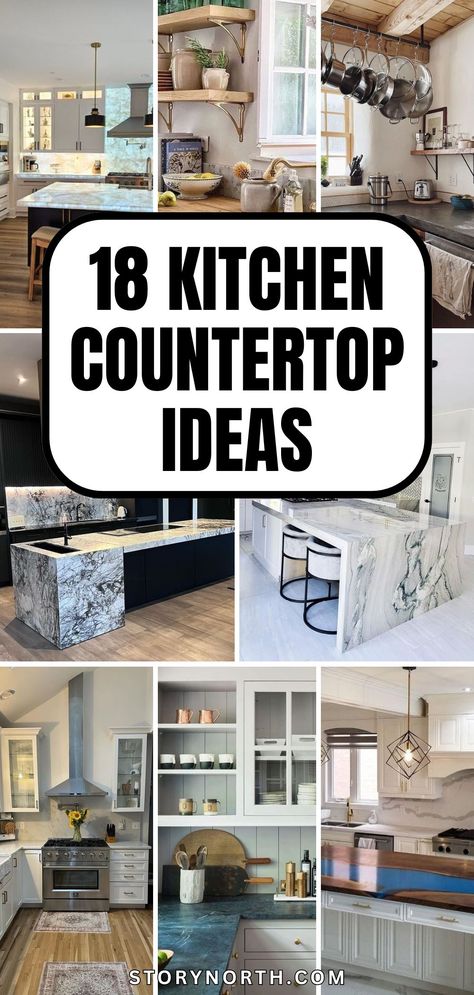 Save this pin for stunning kitchen countertop inspiration to elevate your home decor game! From sleek marble to rustic wood, these ideas will transform your space. #KitchenRenovation #HomeDecorInspo #CountertopDesigns Lvp Countertop, Countertop Tiles Kitchen, Best Countertops For Kitchen, Different Countertops In Kitchen, Countertop Options Kitchen, Countertop Redo Cheap, Porcelain Kitchen Countertops, Wood Kitchen Countertops, Kitchen Countertop Trends