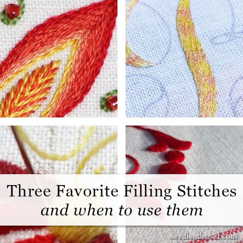 Three Favorite Filling Stitches & When to Use Them – NeedlenThread.com Embroidery Stitches For Filling In, Embroidery Stitch For Filling, Ending Embroidery Stitch, Hand Embroidery Ideas Projects, How To Long And Short Stitch Embroidery, Raised Stem Stitch Embroidery, Hand Embroidery Ideas, Types Of Embroidery Stitches, Long And Short Stitch