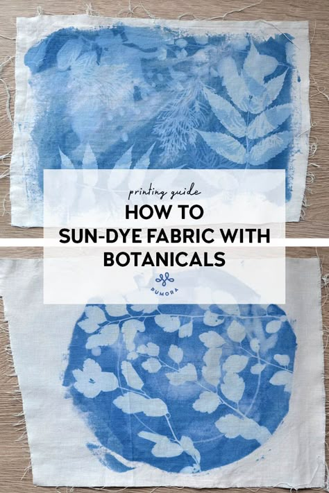 sun-printing fabric with leaves Fabric Dye Painting, Sun Print Fabric, How To Sun Print On Fabric, Sun Dyeing Fabric, Solarfast Sun Prints, Flower Printing On Fabric, Cyanotype On Fabric, Painting On Fabric Ideas, Embroidery On Printed Fabric