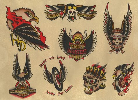 Harley Davidson Biker Tattoo Flash, Traditional Biker Tattoo, Biker Tattoos Designs, Biker Tattoo, Harley Tattoos, Backpiece Tattoo, Harley Davidson Tattoos, Harley Davidson Wallpaper, Motorcycle Tattoos