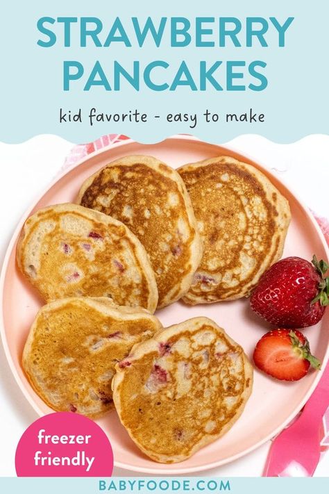 Healthy Strawberry Pancakes, Strawberry Oat Pancakes, Strawberry Toddler Recipe, Toddler Strawberry Recipes, Banana Strawberry Pancakes, Strawberry Blw Recipe, Baby Pancakes No Banana, Strawberry Pancakes For Baby, Strawberry Banana Pancakes For Baby