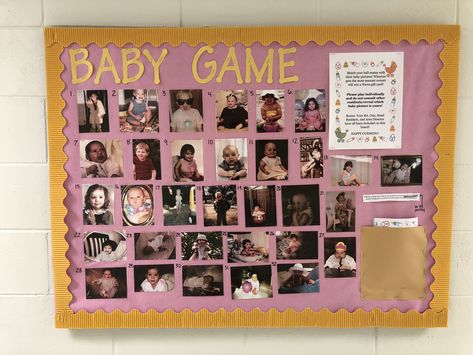 RA Bulletin Board. Baby game. Baby Photo/Picture guessing game. RA initiatives. Employee Interactive Wall, Guess Who Teacher Bulletin Board, Nursing Break Room Ideas, Sunshine Committee Bulletin Board, Guess Who Bulletin Board Ideas, Nurse Week Games, Employee Break Room Ideas Fun, Nurse Break Room Ideas, Engagement Bulletin Board