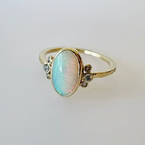 14K Australian Opal Ring w/ Diamond Whiskers Non Traditional Engagement Rings Opal, Opal Flower Ring, One Of A Kind Engagement Rings, In The Stars Song, Opal Rings Engagement, Antique Opal Jewelry, Opal Ring Engagement, Antique Opal Ring, Unique Opal Ring