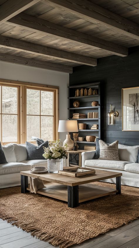 23 Cozy Living Room Ideas for Small & Large Spaces: Budget-Friendly, Warm & Comfy Decor Dark Wood Lounge Furniture, Home Interior Design Living Room Rustic, Small Modern Rustic Living Room Ideas, Dark Wood Living Room Decor, Rustic Living Room Inspiration, Dark Rustic Living Room, Small Sitting Room Ideas, Dark Ambiance, Wood Living Room Decor