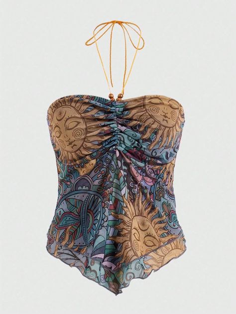 ROMWE Hippie Women'S Sunflower Print Ruched Halter TopI discovered amazing products on SHEIN.com, come check them out! Ruched Halter Top, Hippie Tank Tops, Old Fashion Dresses, Party Fits, Fit Board Workouts, Sunflower Print, Dream Clothes, Boho Chic Fashion, Amazing Products