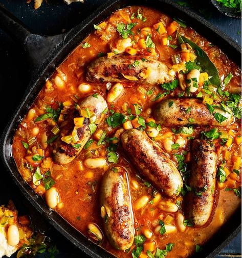 Cheat’s sausage cassoulet | Sainsbury`s Magazine Sausage Cassoulet, Cassoulet Recipe, Lamb Casserole, Lentil Dishes, Sausage Dishes, Slow Cooked Lamb, Sausage Casserole, Main Dish Salads, Cooking Recipe