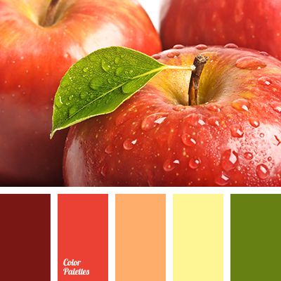 apple color, bright and saturated colors, burgundy, green color, house color schemes, house color selection, orange color, pale yellow, red apples color, red color, wine color, yellow color. Color Palette Ideas, Wall Living Room, Orange Color Palettes, Palette Ideas, House Color Schemes, Apple Coloring, Green Colour Palette, Design Seeds, Color Palette Design