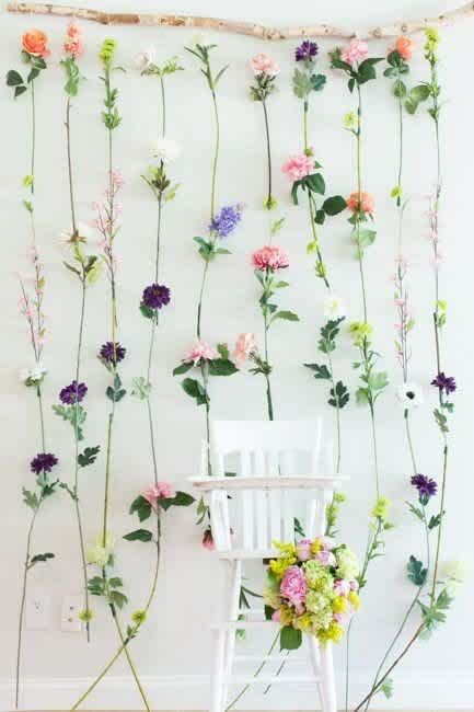 Dangling Florals Outdoor Fairy Party, Garden Party Photo Backdrop, Wildflower Backdrop, Warehouse Decor, First Birthday Floral, Fairy Theme Birthday Party, Wildflower Birthday Party, High Chair Decorations, Wildflower Party