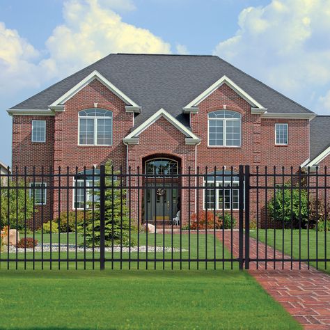 Shop FREEDOM Black Aluminum Decorative Metal Fence Panel at Lowes.com Black Metal Fence, Front Fences, Concrete Fence Wall, Black Aluminum Fence, Modern Fencing, Pool Fences, Ranch Fencing, Yard Gate, Metal Fence Panels