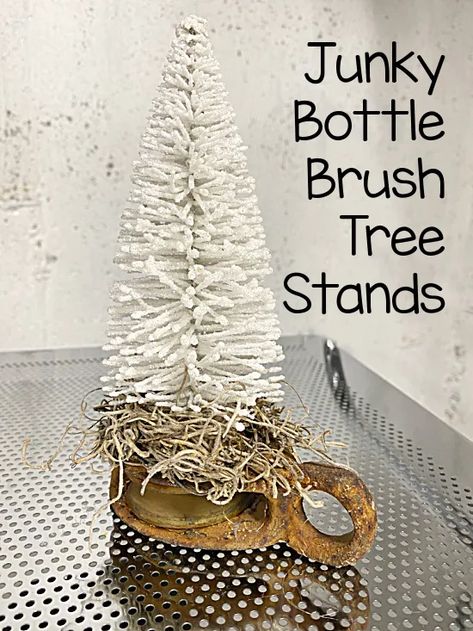 DIY bottle brush tree bases Bottle Tree Ideas, Bottle Brush Christmas Tree Ornaments, Bleaching Bottle Brush Trees, Bottlebrush Tree Display, Valentine Bottle Brush Tree, Diy Winter Trees, Bottle Brush Christmas Tree Crafts, Brush Trees Christmas, Bottle Brush Crafts