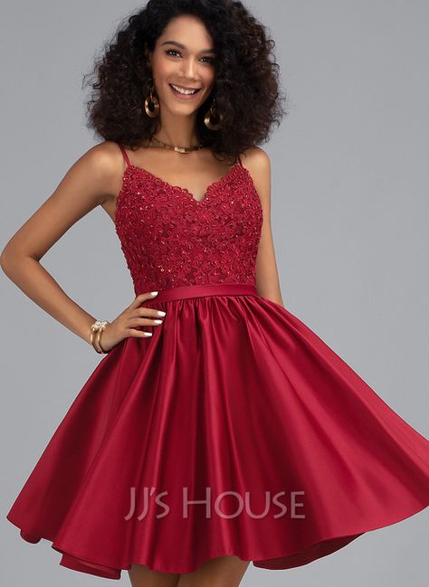 [£126.00] A-Line V-neck Short/Mini Satin Homecoming Dress With Beading Sequins Winter Formal Dresses Red Short, 8 Grade Prom Dresses, Batmitzvah Dress, Rose Gold Dresses, Surprise Dance Outfits, Quinceanera Court, Top Model Fashion, Macy Dresses, Cocktail Dresses Online