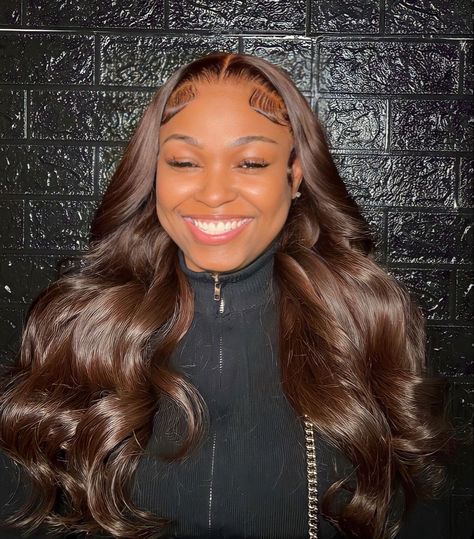 Brown Lace Front Wig Middle Part, Brown Middle Part Sew In, Middle Part Brown Wig, Brown Weave Hairstyles, Chocolate Brown Lace Front Wig, Chocolate Wig Black Women, Brown Sew In Weave, Brown Quick Weave, Brown Middle Part Wig