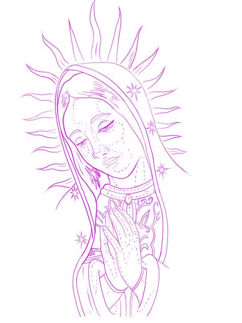 Random Tattoo Stencil, Rare Tattoo Stencils, Virgin Of Guadalupe Drawing, The Virgin Mary Drawing, Virgin Mary Outline Drawing, Drawing Ideas Mexican Culture, Virgencita Drawing Chicana, Chinacos Drawings, Virgin Mary Tattoo Stencil Outline