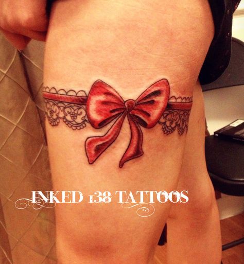 Garter Belt Tattoo. I love bows but if I got a garter ratio it would have a little revolver. Garter Belt Tattoo, Lace Garter Tattoos, Lace Bow Tattoos, Thigh Garter Tattoo, Garter Tattoo, Thigh Garter, Bow Tattoo, Lace Tattoo, Tattoo Feminina