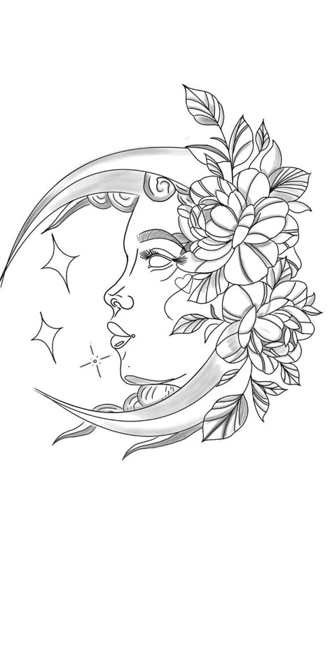 Lady And Moon Tattoo, Moon Drawing With Flowers, Moon Goddess Tattoo Design, Moon And Flowers Drawing, Moon Woman Tattoo, Luna Tattoo Design, Fine Line Peony Tattoo, La Luna Tattoo, Moon Goddess Tattoo