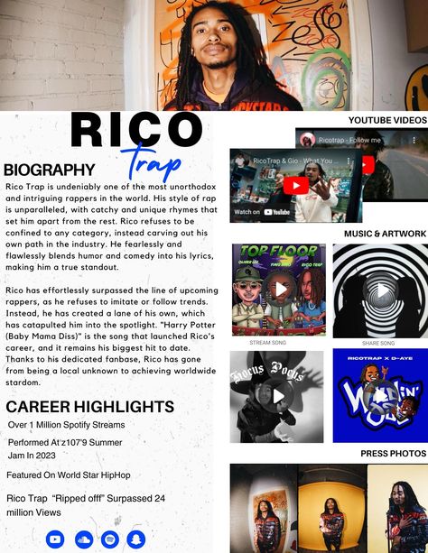 This 1-page electronic press kit template for bands, singers, and musicians is the perfect way to professionally introduce yourself to venues, festivals, press, and promotors ready to land the gig of your dreams! The media kit template for music artists includes an artist's bio, links to your music, photos, a summary of your past performances, and your contact details. You can input all of your own information, including your own photos, in this pre-made electronic press kit template. Press Kit Design, Press Kit Template, Electronic Press Kit, Press Kits, Media Kit Template, Introduce Yourself, Media Studies, Music Artwork, Artist Bio