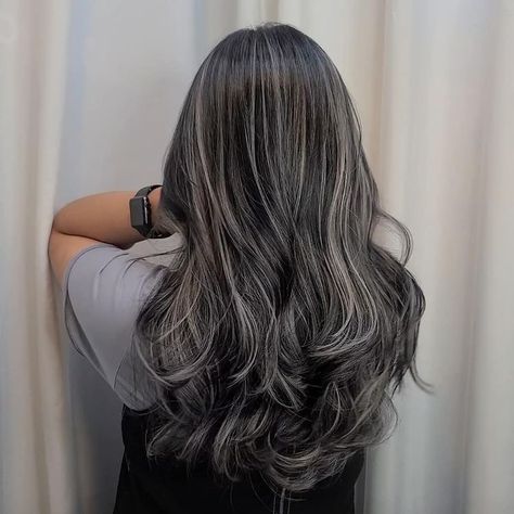 Grey White Highlights On Dark Hair, Grey Babylights On Dark Hair, Hair Lights, Highlight Hair, Hair Dye Tips, Grey Hair Transformation, Black Hair Balayage, Ash Hair Color, Hair Color Streaks