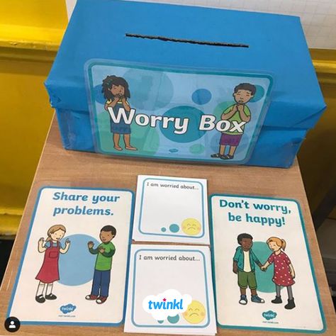 Create a classroom worry box to help children share and discuss their worries. Download our 'All About Me Worry Box Pack' to create this amazing set up in your classroom! Visit the Twinkl website to download and discover thousands more teaching resources to save you time.   #worrybox #emotions #feelings #mentalhealth #mentalhealthawareness #teaching #teacher #teachingresources #twinkl #twinklresources #mindfulness #wellbeing #classroomideas #classroominspiration #school #education Worry Box Ideas, Worry Box Classroom, Worry Box For Kids, Circle Time Activity, Sel Resources, School Psychology Resources, Teacher Organisation, Circle Time Activities, Time Activity