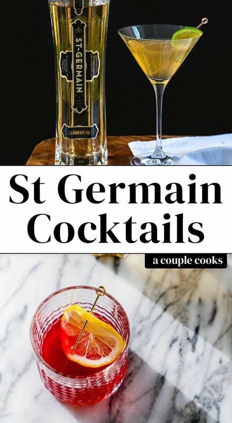 Here are the best St Germain cocktail recipes for using this popular elderflower liqueur! The bottle is a must-have in your liquor cabinet. #stgermain #cocktail #recipe #alcohol #drink St Germain Cocktail Recipes, St Germain Cocktails, Dinner Party Drinks, St Germain Cocktail, Elderflower Cocktail, A Couple Cooks, Lemon Cocktail, Cranberry Cocktail, Brunch Drinks