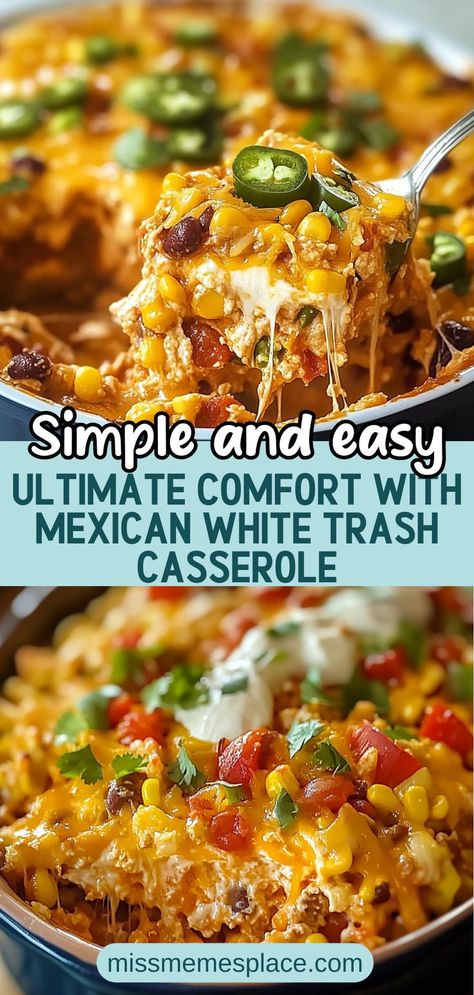 Dive into the world of comfort food with this easy Mexican White Trash Casserole. Perfect for busy weeknights, this dish combines creamy cheese, seasoned ground beef, and crunchy tortilla chips in a delightful Tex-Mex twist. With just a few pantry staples, you can create a family favorite that’s rich in flavor and texture. Customize it with your preferred veggies or beans for added nutrition. Bake it, serve it up, and watch as everyone digs in for seconds! Mexican Casserole With Cream Of Mushroom, Tex Mex Beef And Rice Casserole, Baked Mexican Casserole, Vegetable Side Dishes For Mexican Food, Gameday Casseroles, Cheesy Taco Rice Casserole, Large Family Casserole Recipes, Mexican Taco Bake Casserole, Tex Mex Ramen Casserole