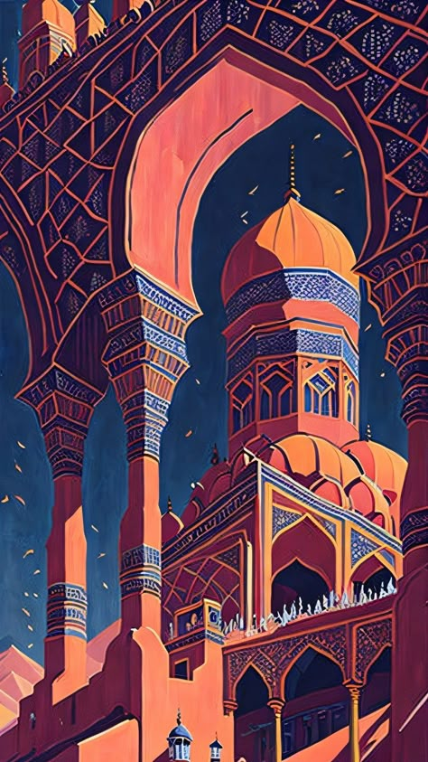 Traditional Islamic Art, Islamic Art Illustration, Minar E Pakistan Painting, Islamic Architecture Painting, Mosque Art Illustration, Arabic Culture Art, Arab Drawing, Eid Illustration, Arabic Illustration