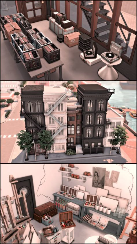 Sims 4 City Townhouse, Sims Community Lot Ideas, Sims 4 Town Houses, Sims 4 Record Store, Sims For Rent, San Myshuno Builds, Bloxburg New York City, 702 Zenview Sims 4, Sims 4 Community Lots Ideas