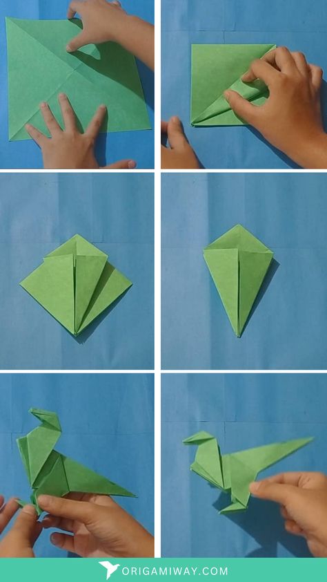 An origami paper green dinosaur Dinosaur Crafts For Adults, Origami Dinosaur Step By Step, Dino Diy Crafts, Paper Dinosaur Origami, Easy Dino Origami, How To Make A Paper Dinosaur, Dinasour Origami Easy, Oragami Dinasour, Origami Dinosaur Easy Step By Step