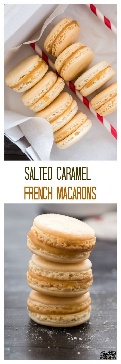 Salted Caramel Macarons - classic french cookies with a salty caramel center! #macarons #cookies #dessert Salted Caramel Macarons, Caramel Macarons, Salted Caramels, Salty Caramel, French Cookies, Oreo Fudge, Recipes Cookies, Macaroon Recipes, Macaron Recipe