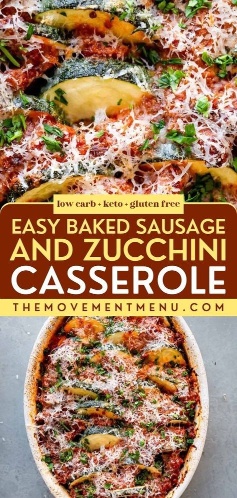 The perfect weeknight dinner recipe! Your family will love this easy meal. Not only will this baked sausage and zucchini casserole remind you of pizza and lasagna, but it is also gluten-free, low-carb, and keto. Paleo and Whole30 options for this zucchini recipe included! Sausage With Zucchini And Squash, Low Carb Meals With Ground Sausage, Low Carb Zucchini Bake, Zucchini Italian Sausage Recipes, Ground Italian Sausage And Zucchini Recipes, Low Carb Recipes Using Ground Sausage, Sausage Zucchini Bake, Zucchini Recipes With Sausage, Italian Sausage And Squash Recipes