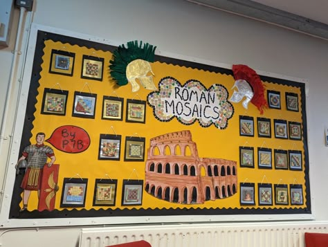 An art activity creating Roman inspired mosaics with Primary 7 Romans Classroom Display, Ks2 Romans Display, Roman Mosaic Art Project, Romans Display Ks2, Ancient Rome Classroom Decor, Romans Ks2, Ancient History Projects, Ancient Rome Lessons, Roman Mosaic Art