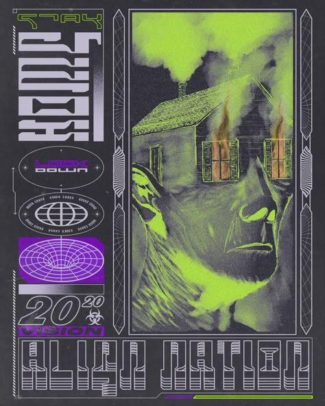 Playing with modernized interpretations of 90's acid design and rave poster concepts, I've combined a pencil drawing artwork inspired by quarantine, along with stylized typography and design elements. Acid Design, Rave Poster, Alien Nation, Rave Art, Clout Collection, Graphic Trends, Graphic Poster Art, Cover Art Design, Collage Background