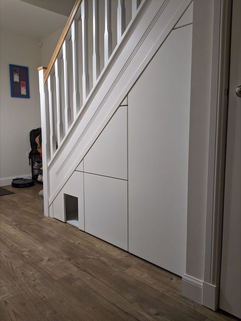 Under Stair Storage Solutions Edinburgh Scotland Under Stairs Storage Cat Litter, Cat Cupboard Under Stairs, Understairs Cat Area, Cat Litter Tray Ideas, Cat Space Under Stairs, Understairs Cat Litter Room, Under Stairs Cat Litter, Stair Cupboard, Stairs Nook