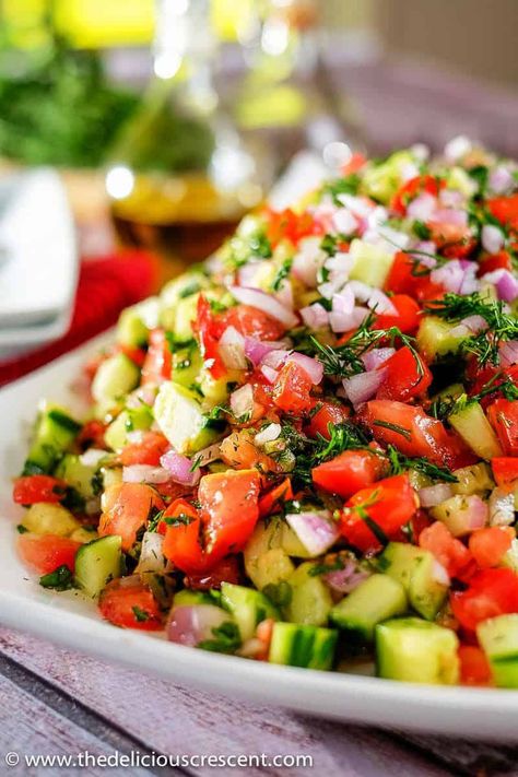 This cucumber tomato salad with fresh herbs, known as Shirazi salad, is a very flavorful and popular Persian Salad. It is easy, healthy, light, refreshing and perfect for summer. The recipe uses olive oil and lemon juice but you can add some vinegar. The fresh herbs add a burst of flavor in this amazing salad. You can pair this low carb, gluten free and vegan salad with just about anything. #tomatosalad #cucumbersalad #shirazisalad Salad Shirazi, Diet Cookies Recipe, Persian Salad, Salad With Fresh Herbs, Shirazi Salad, Tomato Cucumber Salad, Fresh Summer Salad, Colorful Food, Cucumber Tomato Salad