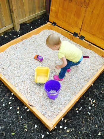 How To Build A Sandbox: Part 3 (The Rock Box Remix) | Not Using Sandbox Sand | Young House Love Build A Sandbox, Kid Organization, Rock Box, Living Pool, Young House, Outdoor Play Area, Young House Love, Pea Gravel, Backyard Play