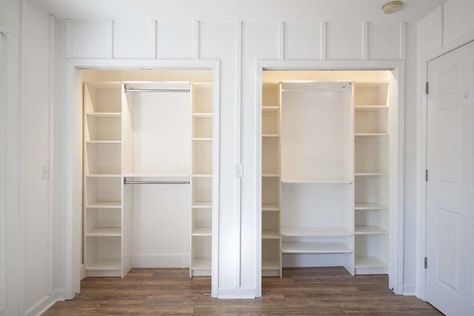 Double Sided Closet, Side By Side Closet Remodel, Standard Closet Makeover, Double Closet Makeover, Double Closet Organization, Diy Sled, Diy Closet Ideas, Diy Nursery Closet, Ikea Closet System