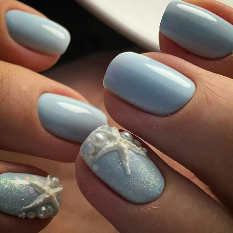 Seashell Nails, Beachy Nails, Summer Nails Beach, Nagellack Trends, Summery Nails, Nail Polish Trends, Mermaid Nails, Blue Nail, Beach Nails