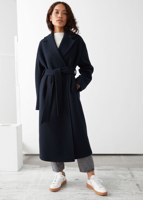 Navy Wrap Coat, Long Navy Wool Coat Outfit, Navy Long Wool Coat, Blue Wool Coat Outfit, Navy Wool Coat Outfit, Belted Coat Outfit, Navy Coat Outfit, Black Wool Coat Women, Long Black Wool Coat