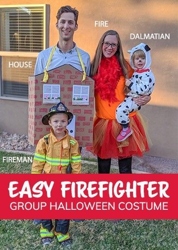 Easy and cute firefighter group costume for Halloween. Our family's fireman, Dalmatian, fire, and house. DIY instructions for how to make it. Firefighter And Flame Costume, Fire Hydrant Halloween Costume, Firefighter Family Costume Ideas, Group Firefighter Costume, Fire Truck Family Costume, Fireman And Dalmatian Costume Kids, Diy Fire Fighter Costume Kids, Firetruck Halloween Costume, Fire Family Costume