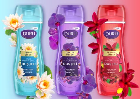 Duru Shower Gel / Lux Perfumes – Packaging Of The World Shower Gel Packaging Design, Shower Gel Packaging, Perfumes Packaging, Perfume Packaging, Bath And Body Works Perfume, Flower Shower, Gel Designs, Textured Canvas, Packaging Ideas