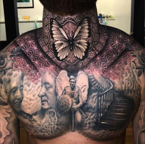 Front Neck Tattoo For Guys Ideas, Chest And Neck Tattoos Men, Best Full Neck Tattoo Men, Neck Filler Tattoo, Mens Throat Tattoo, Neck Tattoo Geometric, Symmetrical Throat Tattoo, Full Throat Tattoo, Back Head Tattoo