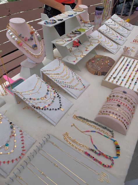 Vendor Booth Necklace Display, Fabric Covered Pegboard, Jewelry Stands For Markets, Jewelry Stall Display, Bazaar Booth Ideas Jewelry Displays, How To Set Up A Jewelry Display Table, Jewelry Stands Diy Jewellery Display, Mala Display Stand, Stall Ideas Market