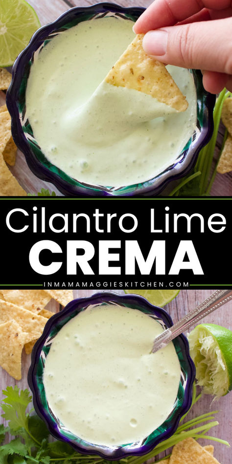 This Cilantro Lime Crema recipe is a keeper. It is bold, bright, and herby. Whip it up in minutes and serve with chips or drizzle on top of tacos. Cilantro Lime Avocado Salsa, Mexican Snack Recipes, Mexican Crema Recipe, Mexican Appetizer Recipes, Cilantro Lime Crema Recipe, Cilantro Lime Cream, Mexican Finger Foods, Lime Crema Recipe, Mexican Appetizers Easy