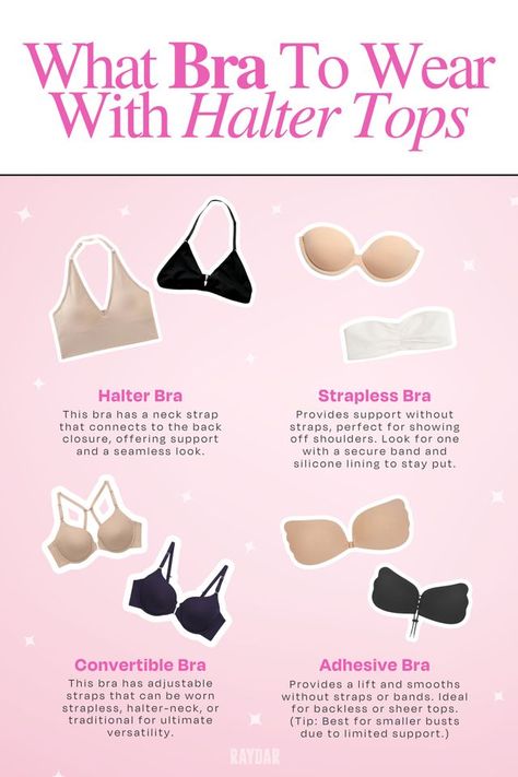 Finding the right bra for halter tops can be tricky. Find out the best choices to stay confident. See more now. What Bra To Wear, Halter Bra, Convertible Bra, Perfect Bra, Adhesive Bra, Halter Tops, Strapless Bra, Sheer Top, Neck Strap