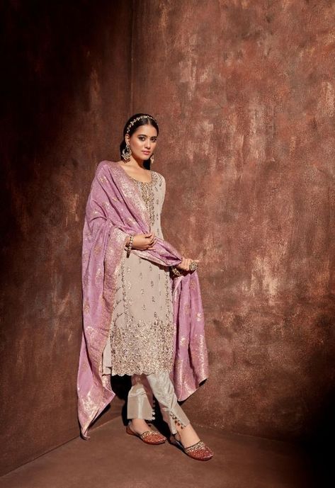 Mohini Rumeli 2201 - Georgette with Elegant Heavy Cording Embroidery Suit Pant Style Suits Indian, Cording Embroidery, Bridal Salwar, Durga Pooja, Celana Fashion, Embroidery Suit, Modern Hijab Fashion, Beige Suits, Indian Party