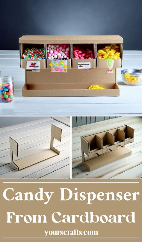 Candy Dispenser From Cardboard Diy Candy Dispenser, Dispenser Ideas, Diy Window Screen, Dispenser Diy, Coffee Cups Diy, Coffee Table Plans, Wooden Gazebo, Dog Bowl Stand, Candy Dispenser