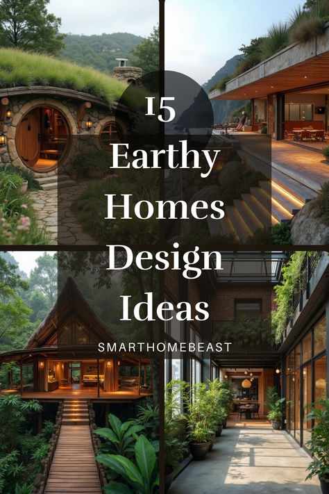 An image featuring a collection of beautiful earthy home design ideas, highlighting cozy natural interiors, rustic kitchens, serene bedrooms, and outdoor spaces that blend seamlessly with nature. Natural Light In Architecture, Houses With Natural Light, Earthen Homes Design, Biophilic House Design, Earthy Homes Exterior, Nature Themed House, Earth Homes Design, Natural Home Interior, Homes In Nature