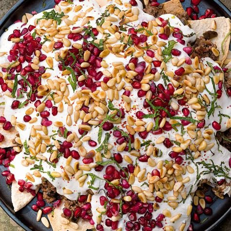 Nigella Lawson's Beef and Aubergine Fatteh Recipe Fatteh Recipe, Eggplant Fatteh, Arabisk Mad, Nigella Lawson Recipes, Pitta Bread, Toasted Pine Nuts, Nigella Lawson, Middle Eastern Recipes, Tahini