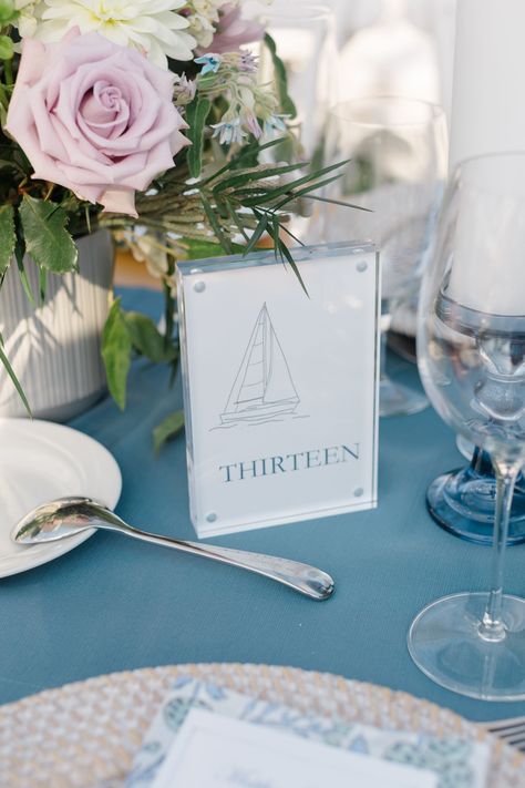 Table numbers with sailboats and blue lettering Sailboat Seating Chart, Sailboat Table Numbers, Nautical Table Numbers, Bar Harbor Maine Wedding, Wedding Planning Packages, Bar Harbor Inn, Coastal Table, Calligraphy Stationery, New England Wedding